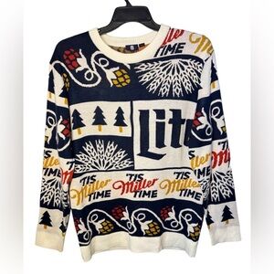 Miller Lite Crew Sweater Mens Knit Pullover Dad Sweater Navy White Sz L